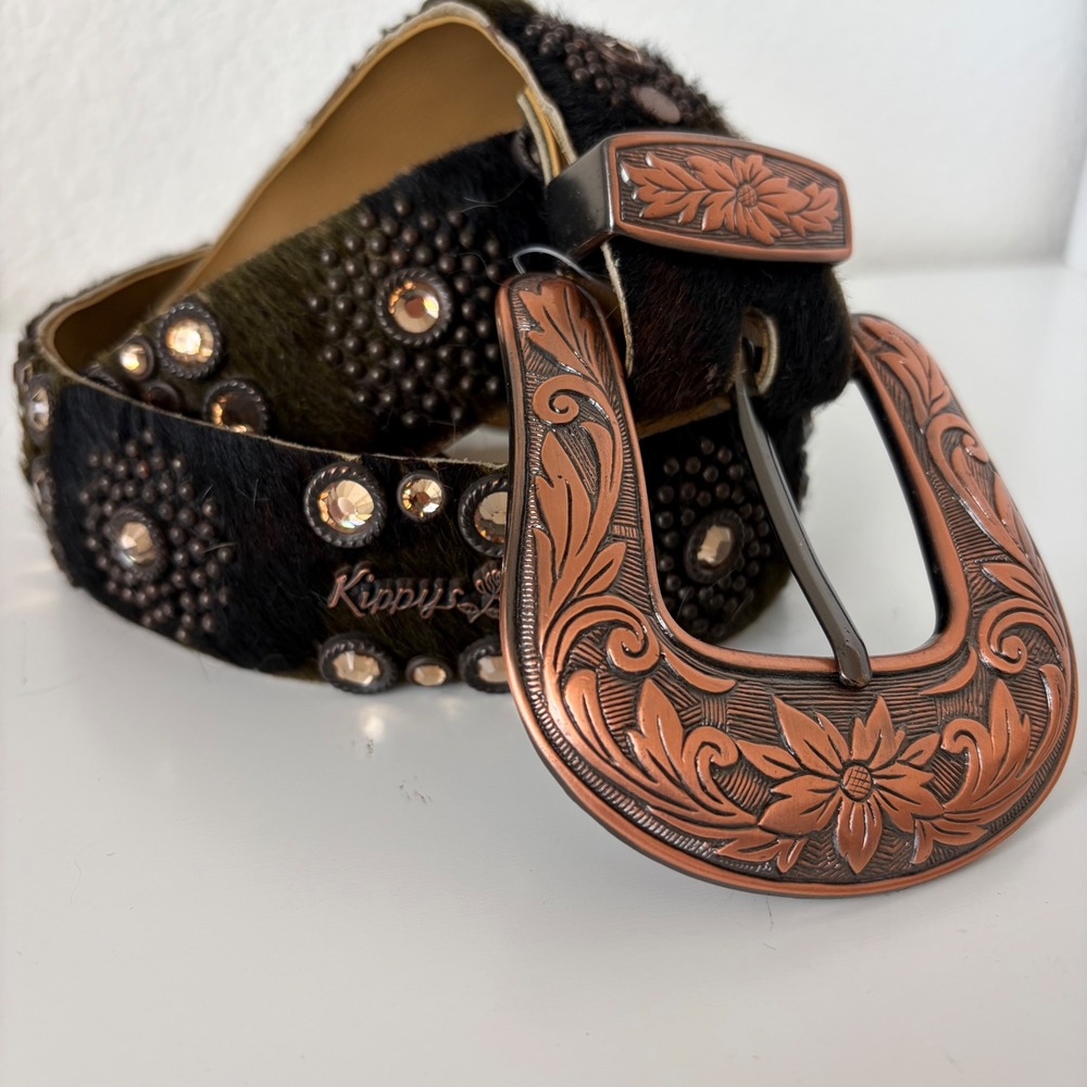 Vintage Kippy's Hair-on-Hide Belt Womens‎ 36 Brown Good Rhinestone Floral Buckle